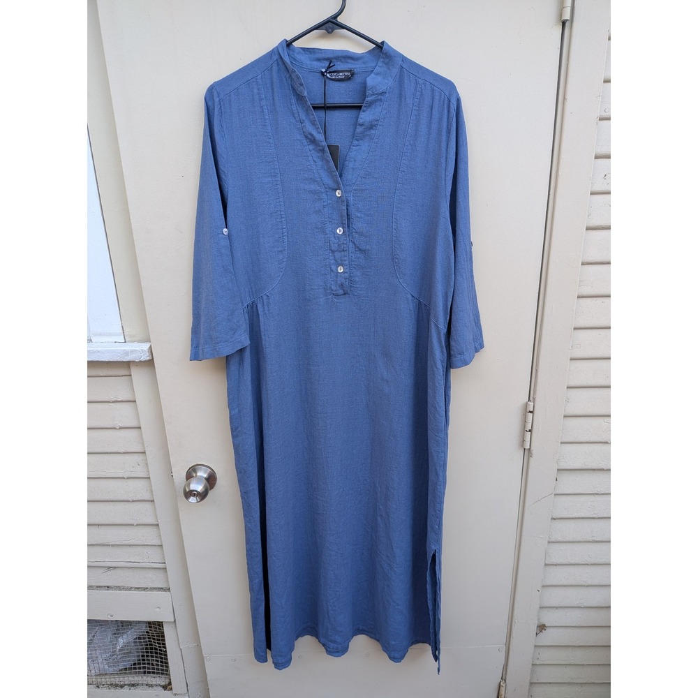 NWT‎ Francesca Bettini Linen Cotton Maxi Dress Roll Tab Sleeve Blue Size Small